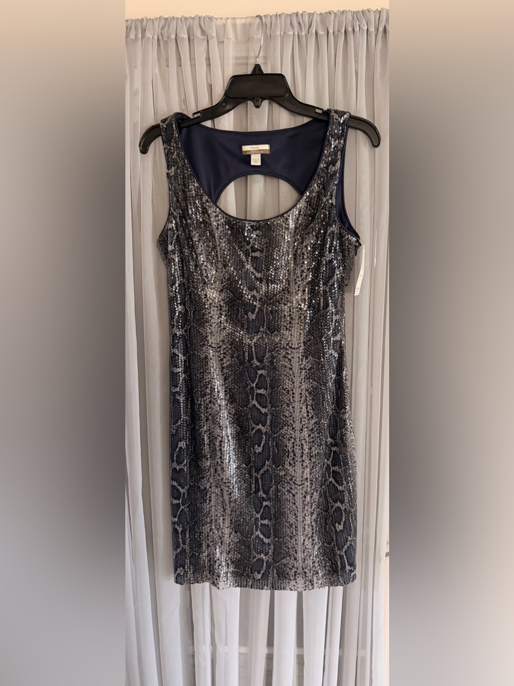 Muse By Boston Proper Silver and Navy Sequin Backless Shift Dress 12 New